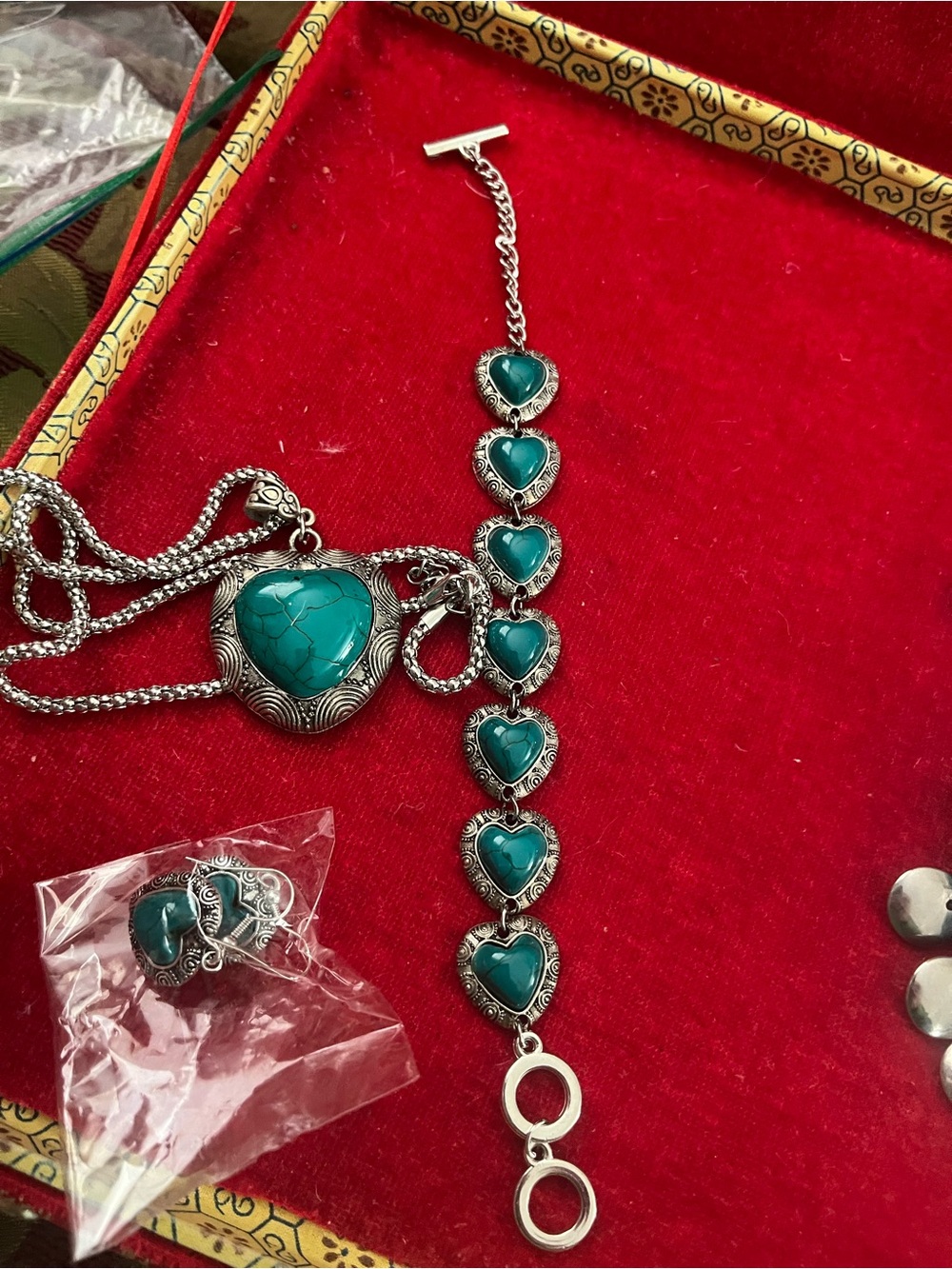 Turquoise Heart Silver Necklace & Bracelet Set - and earrings Women Jewelry